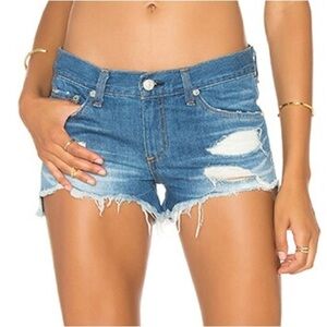 RAG & BONE Cut Off Shorts in Freeport | Distressed Blue Jean Denim + Raw Hem 26